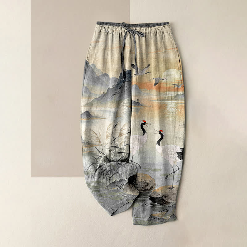 Buddha Stones Pantalon pour femme en pur coton, élégant motif de grues et de paysages, taille élastique et poches - Gris foncé - US16，UK/AU20，EU48 (3XL) - image 3