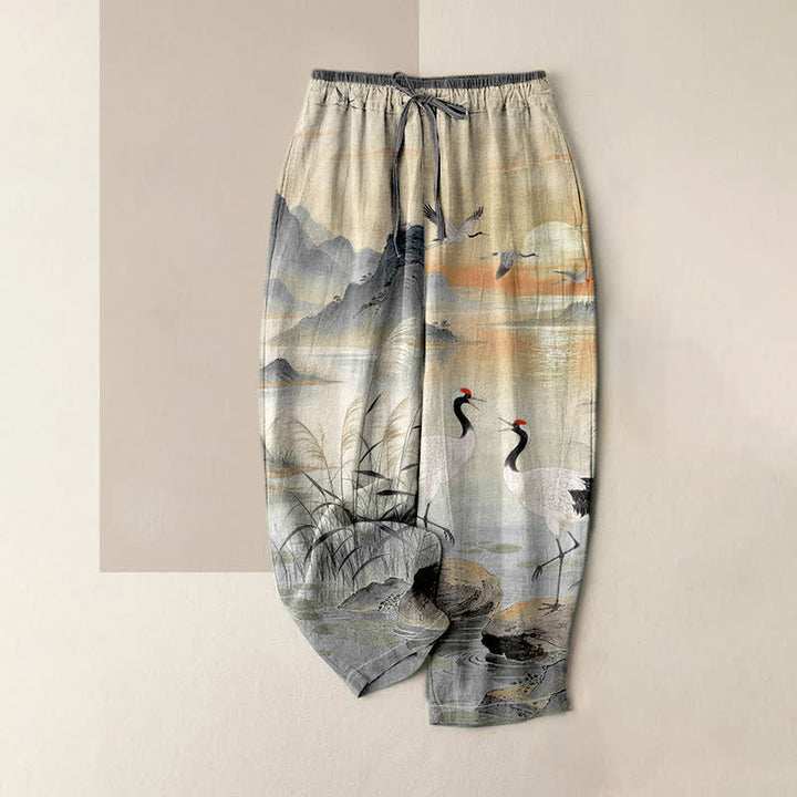 Buddha Stones Pantalon pour femme en pur coton, élégant motif de grues et de paysages, taille élastique et poches - Gris foncé - US16，UK/AU20，EU48 (3XL) - image 3