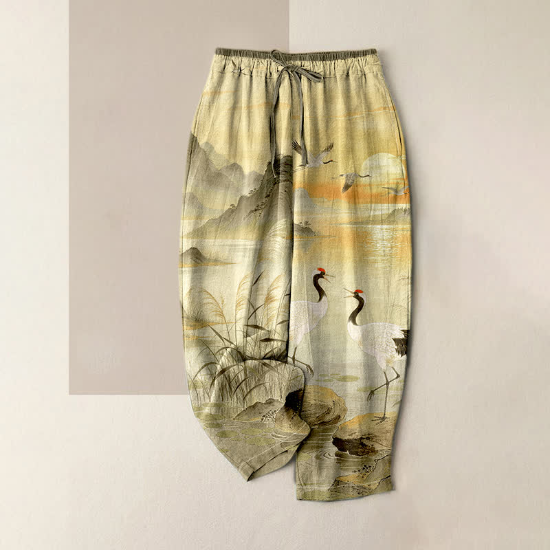 Buddha Stones Pantalon pour femme en pur coton, élégant motif de grues et de paysages, taille élastique et poches - DarkKhaki - US16，UK/AU20，EU48 (3XL) - image 4