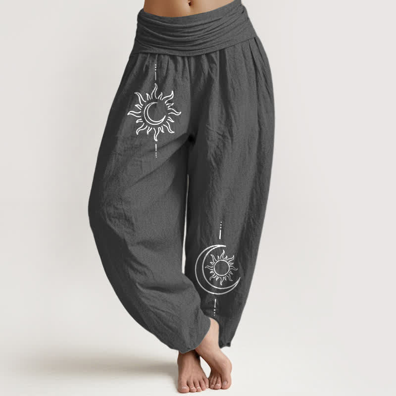 Buddha Stones Pantalon harem pour femme en pur coton, motif lune et soleil, taille élastique - Gris terne - US16，UK/AU20，EU48 (3XL) - image 0