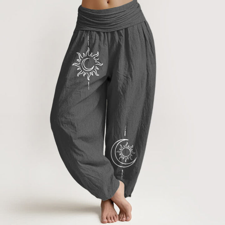 Buddha Stones Pantalon harem pour femme en pur coton, motif lune et soleil, taille élastique - Gris terne - US16，UK/AU20，EU48 (3XL) - image 0