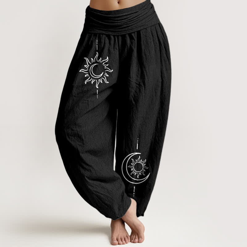 Buddha Stones Pantalon harem pour femme en pur coton, motif lune et soleil, taille élastique - Noir - US16，UK/AU20，EU48 (3XL) - image 5