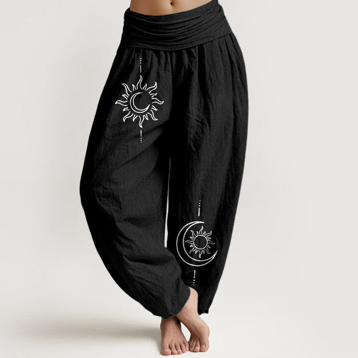 Buddha Stones Pantalon harem pour femme en pur coton, motif lune et soleil, taille élastique - Noir - US16，UK/AU20，EU48 (3XL) - image 5
