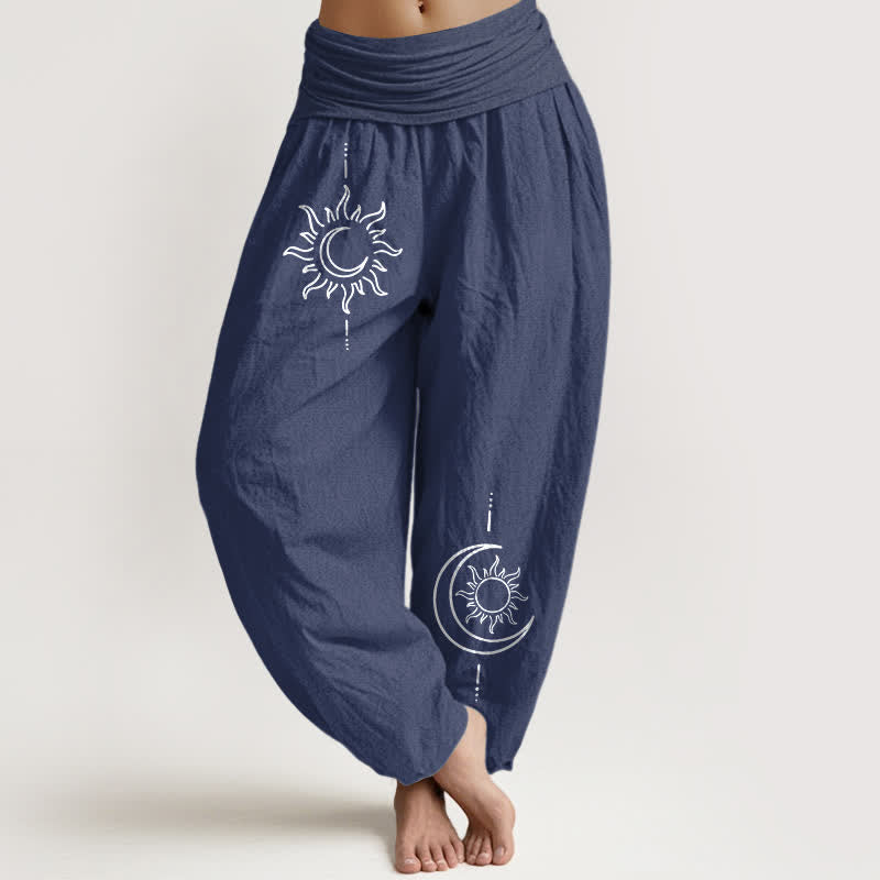 Buddha Stones Pantalon harem pour femme en pur coton, motif lune et soleil, taille élastique - Bleu ardoise foncé - US16，UK/AU20，EU48 (3XL) - image 8