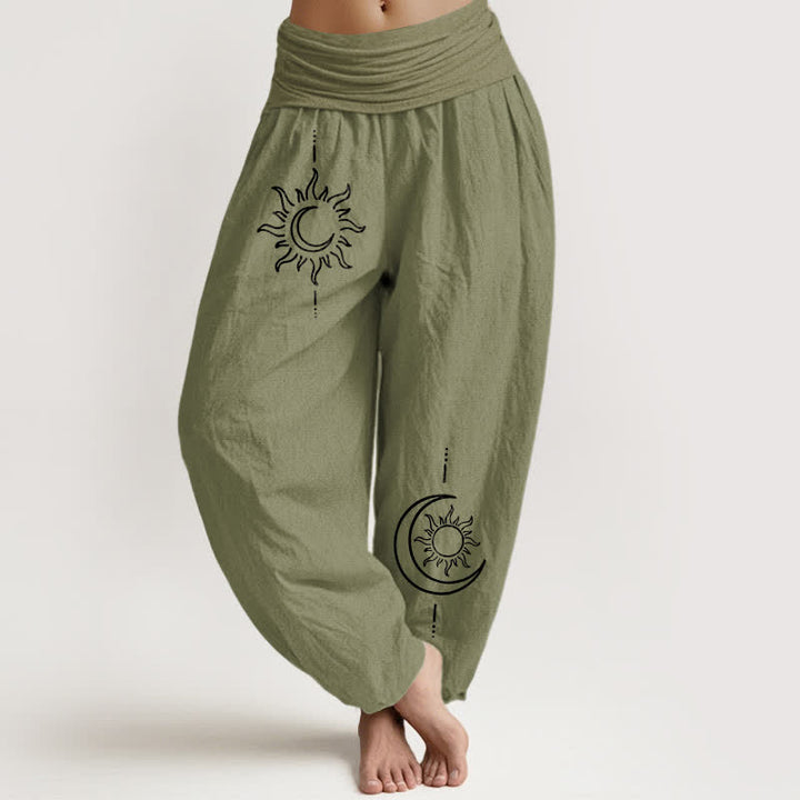 Buddha Stones Pantalon harem pour femme en pur coton, motif lune et soleil, taille élastique - Vert olive - US16，UK/AU20，EU48 (3XL) - image 14