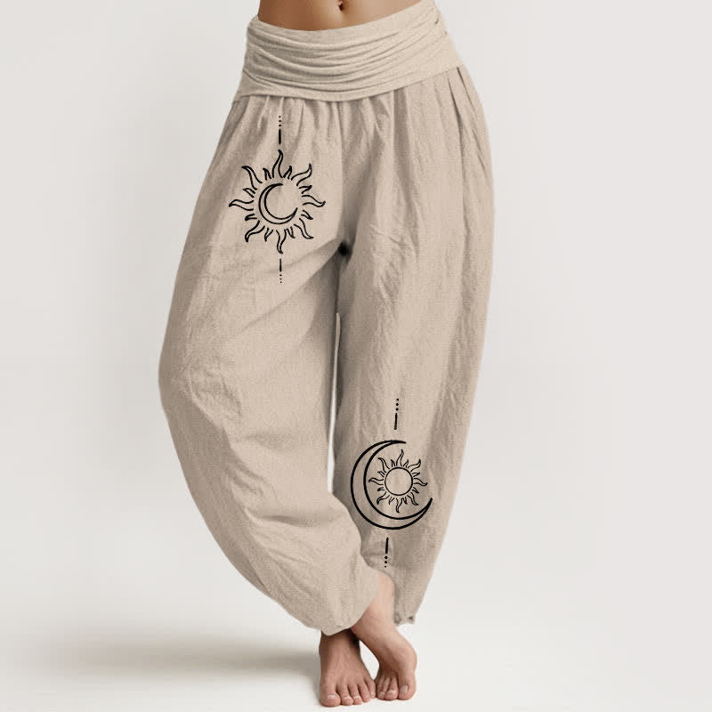 Buddha Stones Pantalon harem pour femme en pur coton, motif lune et soleil, taille élastique - Tanné - US16，UK/AU20，EU48 (3XL) - image 11