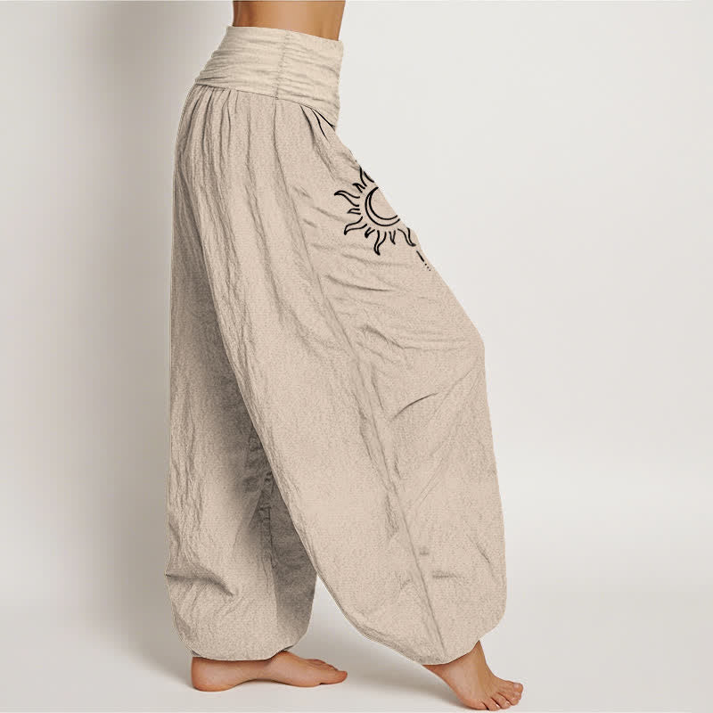 Buddha Stones Pantalon harem pour femme en pur coton, motif lune et soleil, taille élastique - image 12