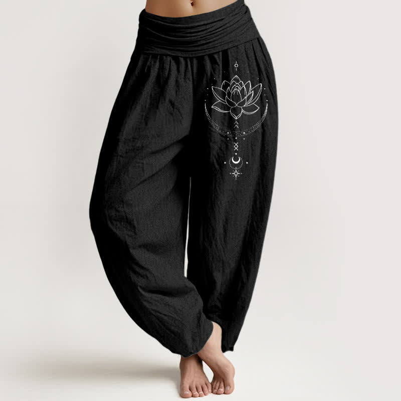 Buddha Stones Pantalon harem pour femme en pur coton à motif croissant de lune et lotus, taille élastique - Noir - US16，UK/AU20，EU48 (3XL) - image 0