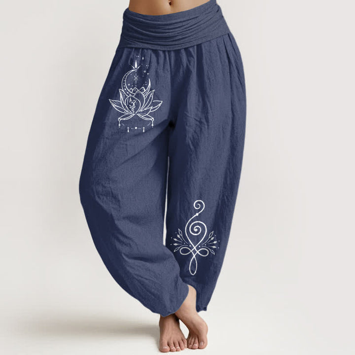 Buddha Stones Pantalon harem pour femme en pur coton, motif lotus et lune, taille élastique - Bleu ardoise foncé - US16，UK/AU20，EU48 (3XL) - image 0