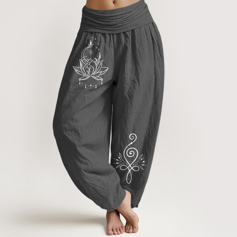 Buddha Stones Pantalon harem pour femme en pur coton, motif lotus et lune, taille élastique - Gris terne - US16，UK/AU20，EU48 (3XL) - image 8