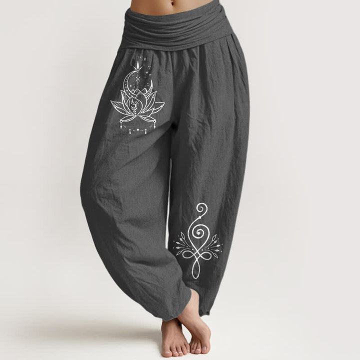 Buddha Stones Pantalon harem pour femme en pur coton, motif lotus et lune, taille élastique - Gris terne - US16，UK/AU20，EU48 (3XL) - image 8