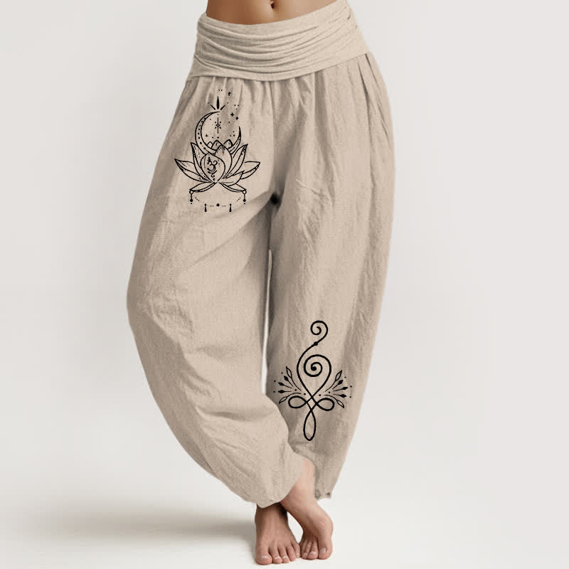 Buddha Stones Pantalon harem pour femme en pur coton, motif lotus et lune, taille élastique - Tanné - US16，UK/AU20，EU48 (3XL) - image 11