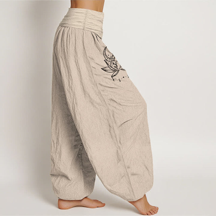 Buddha Stones Pantalon harem pour femme en pur coton, motif lotus et lune, taille élastique - image 12
