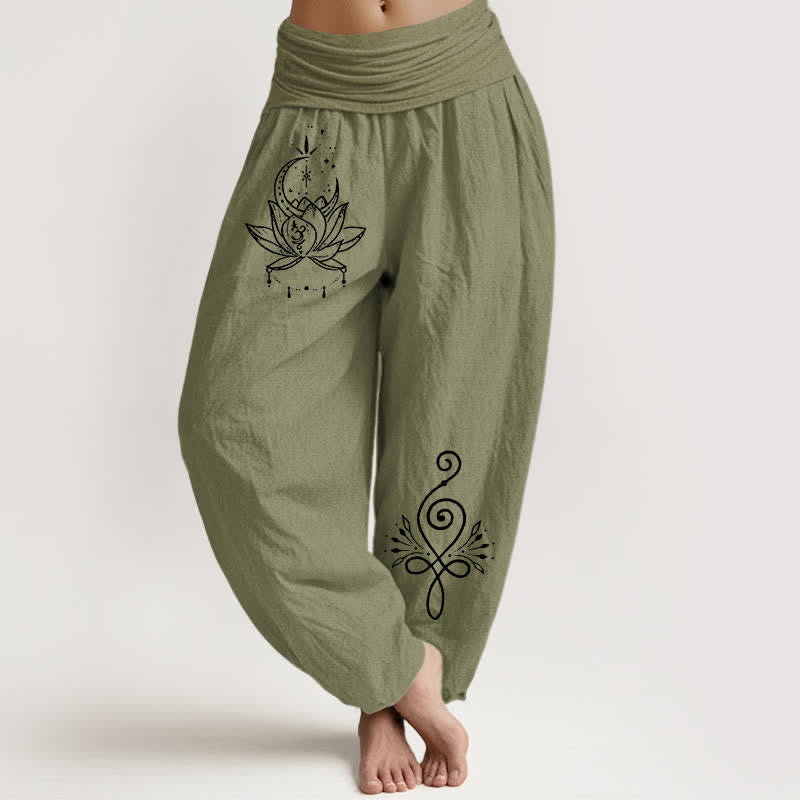Buddha Stones Pantalon harem pour femme en pur coton, motif lotus et lune, taille élastique - Vert olive - US16，UK/AU20，EU48 (3XL) - image 14