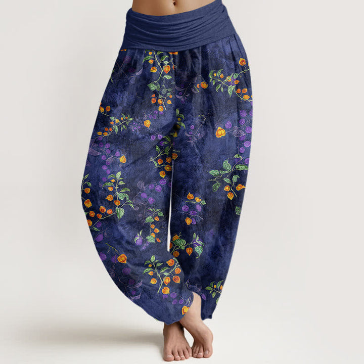 Buddha Stones Pantalon harem à taille élastique pour femme, en coton à motif de vigne de fleurs d'oranger - Marine - US16，UK/AU20，EU48 (3XL) - image 0