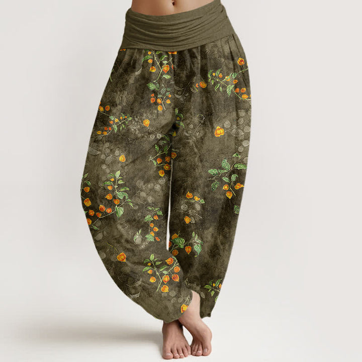 Buddha Stones Pantalon harem à taille élastique pour femme, en coton à motif de vigne de fleurs d'oranger - Vert olive foncé - US16，UK/AU20，EU48 (3XL) - image 5