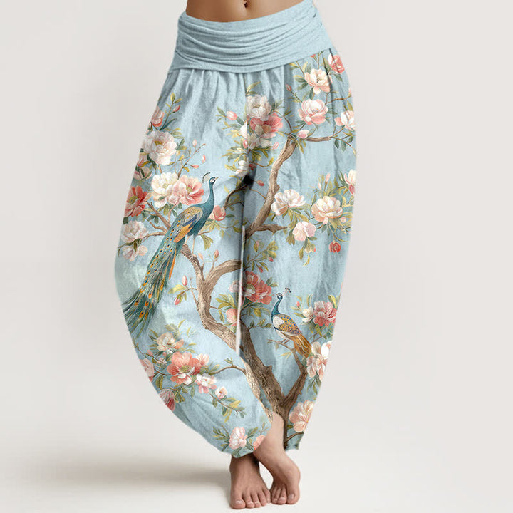 Buddha Stones Pantalon harem à taille élastique pour femme, en coton à motif de fleurs de paon - Bleu poudré - US16，UK/AU20，EU48 (3XL) - image 0