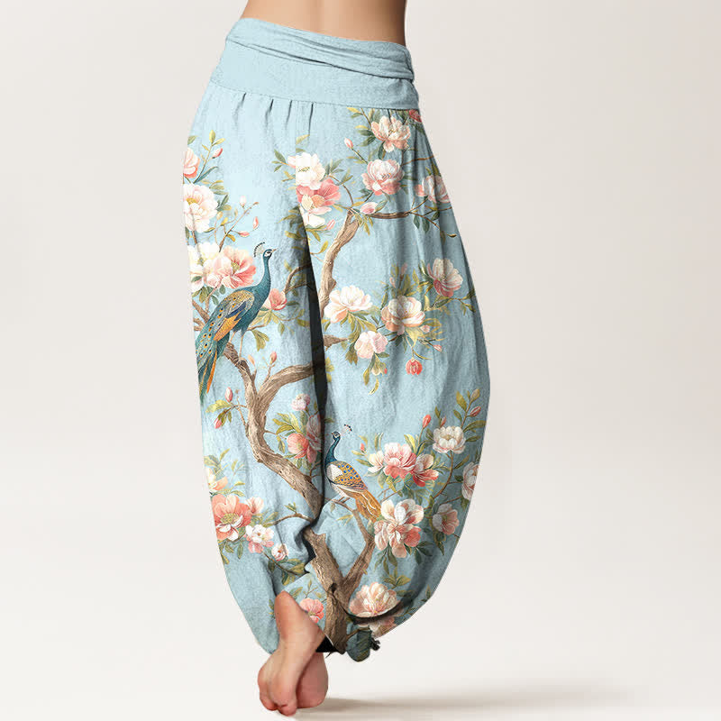 Buddha Stones Pantalon harem à taille élastique pour femme, en coton à motif de fleurs de paon - image 2