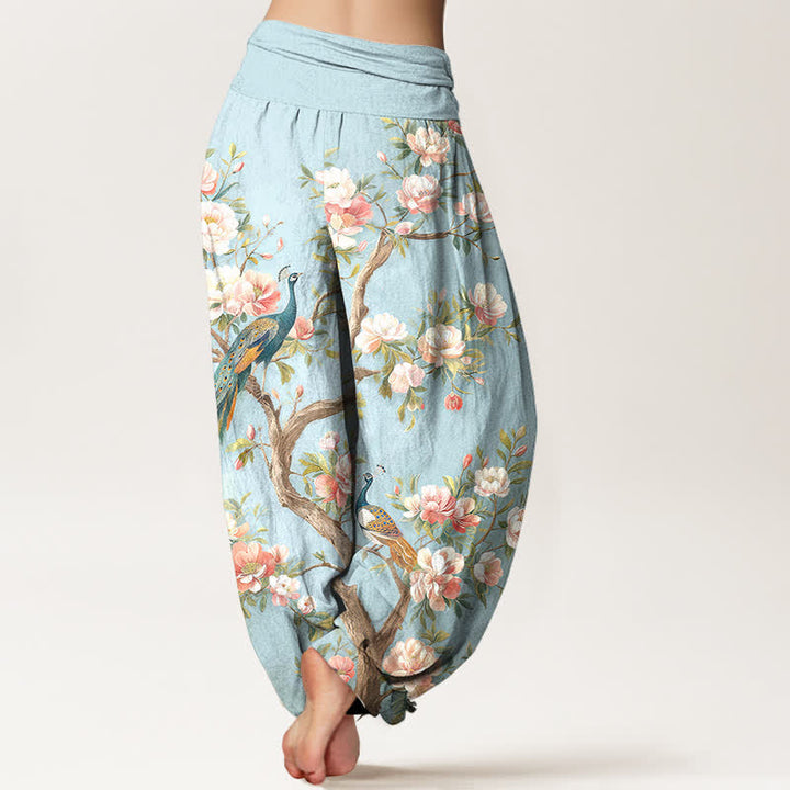 Buddha Stones Pantalon harem à taille élastique pour femme, en coton à motif de fleurs de paon - image 2