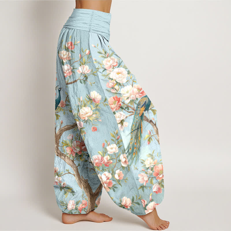 Buddha Stones Pantalon harem à taille élastique pour femme, en coton à motif de fleurs de paon - image 1