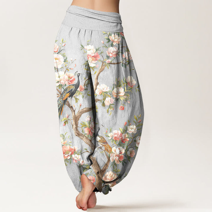 Buddha Stones Pantalon harem à taille élastique pour femme, en coton à motif de fleurs de paon - image 7