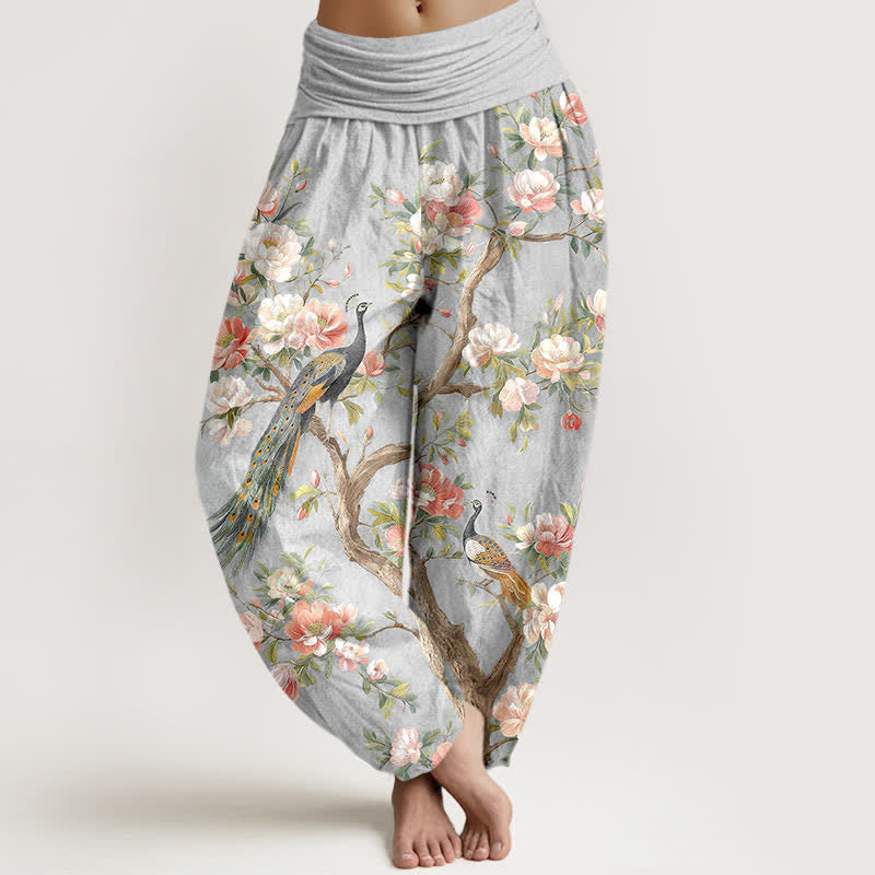Buddha Stones Pantalon harem à taille élastique pour femme, en coton à motif de fleurs de paon - Argent - US16，UK/AU20，EU48 (3XL) - image 5