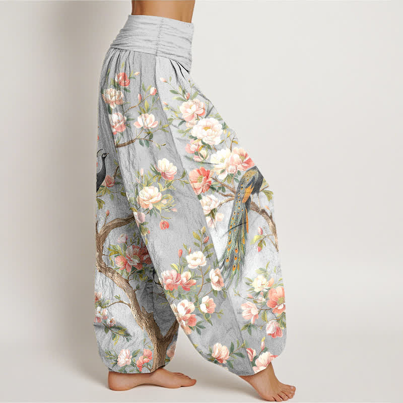 Buddha Stones Pantalon harem à taille élastique pour femme, en coton à motif de fleurs de paon - image 6