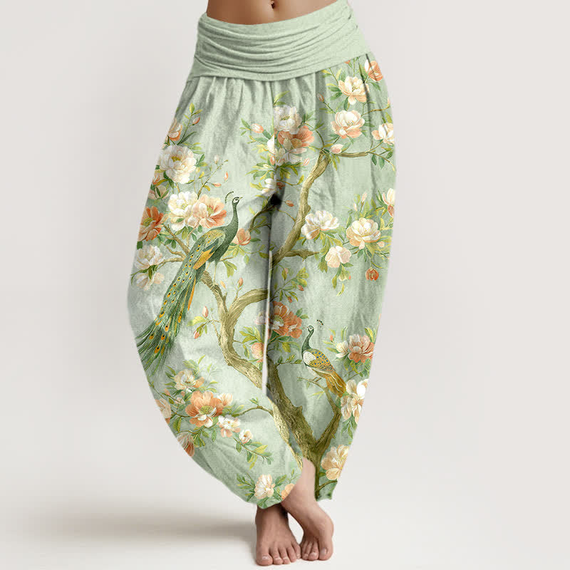 Buddha Stones Pantalon harem à taille élastique pour femme, en coton à motif de fleurs de paon - Vert pâle - US16，UK/AU20，EU48 (3XL) - image 8