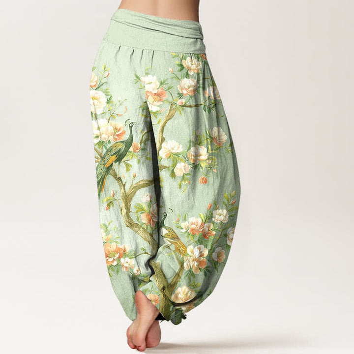 Buddha Stones Pantalon harem à taille élastique pour femme, en coton à motif de fleurs de paon - image 10