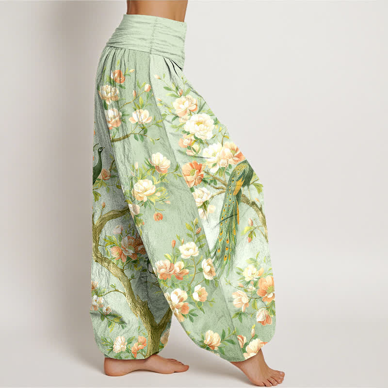Buddha Stones Pantalon harem à taille élastique pour femme, en coton à motif de fleurs de paon - image 9