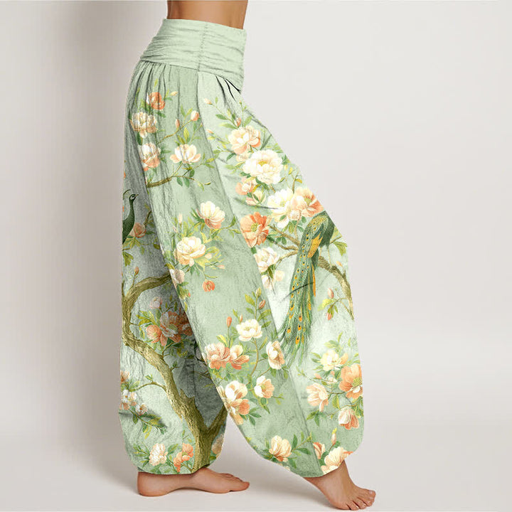 Buddha Stones Pantalon harem à taille élastique pour femme, en coton à motif de fleurs de paon - image 9