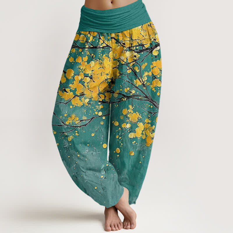 Buddha Stones Pantalon harem à taille élastique pour femme, motif branches de fleurs jaunes en coton - Sarcelle - US16，UK/AU20，EU48 (3XL) - image 0