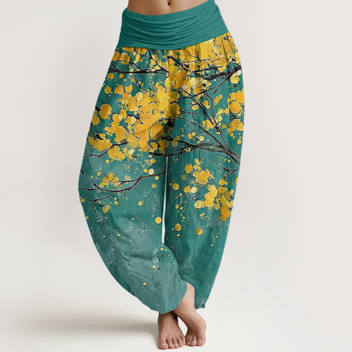 Buddha Stones Pantalon harem à taille élastique pour femme, motif branches de fleurs jaunes en coton - Sarcelle - US16，UK/AU20，EU48 (3XL) - image 0