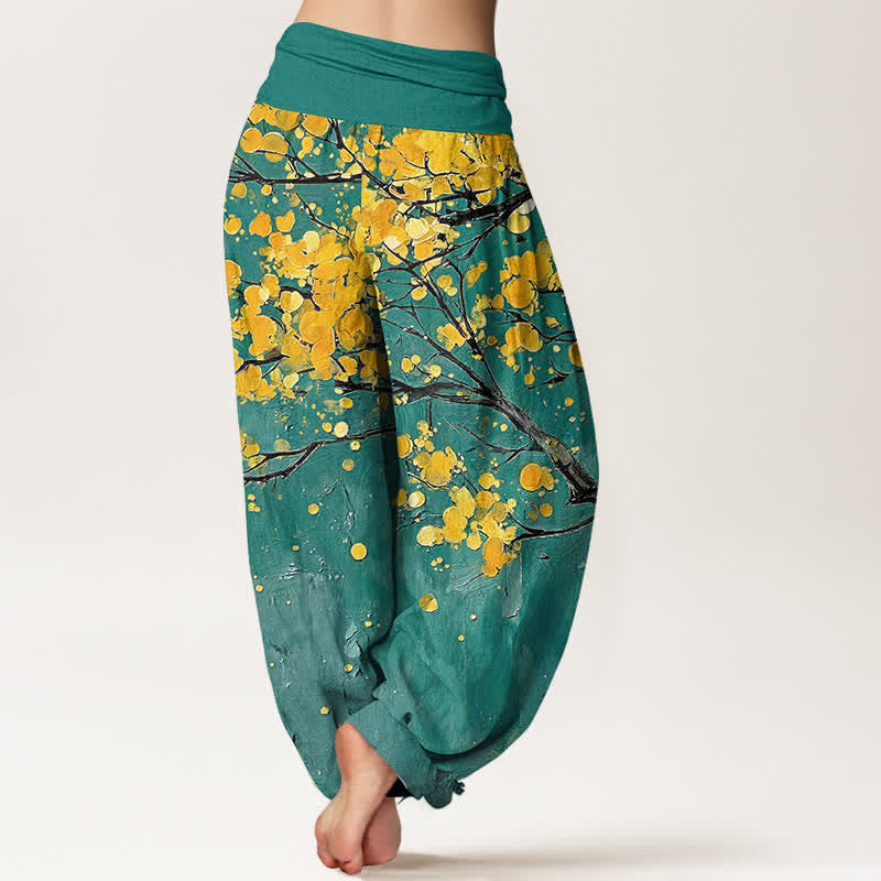 Buddha Stones Pantalon harem à taille élastique pour femme, motif branches de fleurs jaunes en coton - image 1