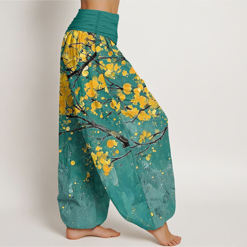 Buddha Stones Pantalon harem à taille élastique pour femme, motif branches de fleurs jaunes en coton - image 2
