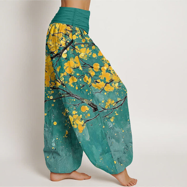 Buddha Stones Pantalon harem à taille élastique pour femme, motif branches de fleurs jaunes en coton - image 2
