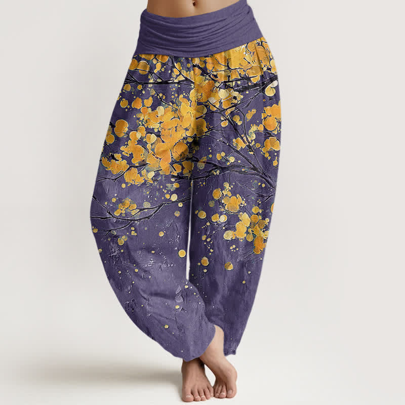 Buddha Stones Pantalon harem à taille élastique pour femme, motif branches de fleurs jaunes en coton - Violet - US16，UK/AU20，EU48 (3XL) - image 5