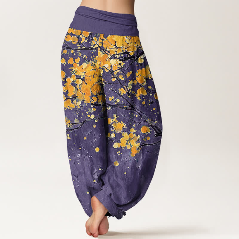 Buddha Stones Pantalon harem à taille élastique pour femme, motif branches de fleurs jaunes en coton - image 7