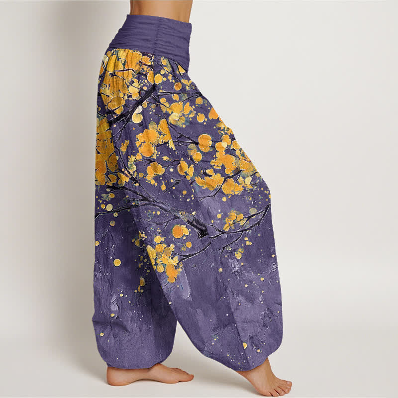 Buddha Stones Pantalon harem à taille élastique pour femme, motif branches de fleurs jaunes en coton - image 6