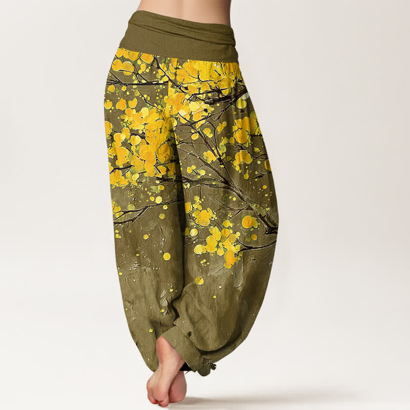 Buddha Stones Pantalon harem à taille élastique pour femme, motif branches de fleurs jaunes en coton - image 10