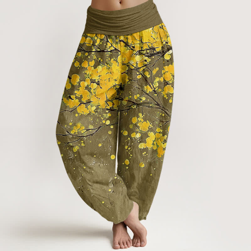 Buddha Stones Pantalon harem à taille élastique pour femme, motif branches de fleurs jaunes en coton - Olive - US16，UK/AU20，EU48 (3XL) - image 8