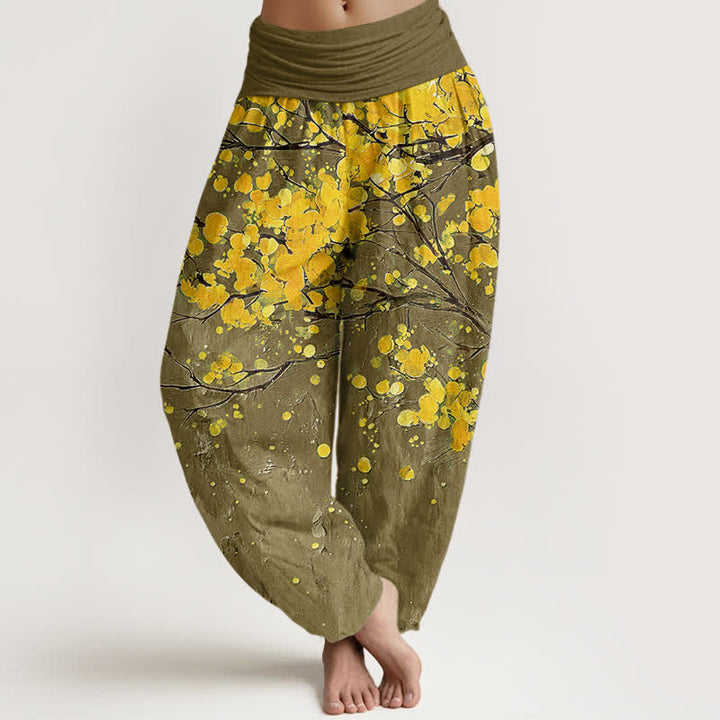 Buddha Stones Pantalon harem à taille élastique pour femme, motif branches de fleurs jaunes en coton - Olive - US16，UK/AU20，EU48 (3XL) - image 8