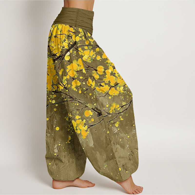 Buddha Stones Pantalon harem à taille élastique pour femme, motif branches de fleurs jaunes en coton - image 9