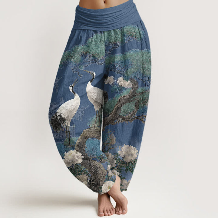Buddha Stones Pantalon harem à taille élastique pour femme, motif fleurs de grue en coton - SteelBlue - US16，UK/AU20，EU48 (3XL) - image 0