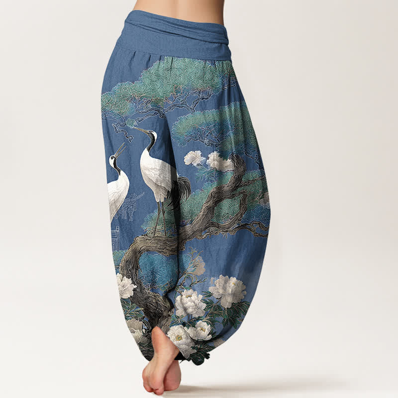 Buddha Stones Pantalon harem à taille élastique pour femme, motif fleurs de grue en coton - image 2