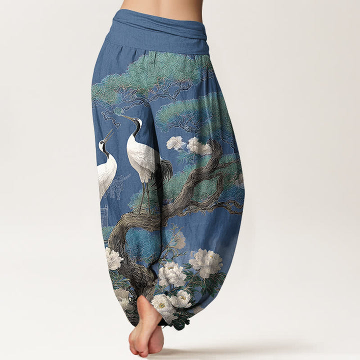 Buddha Stones Pantalon harem à taille élastique pour femme, motif fleurs de grue en coton - image 2