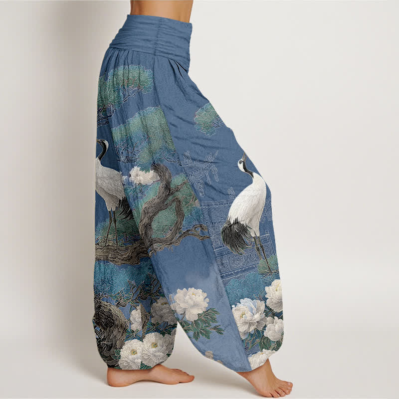 Buddha Stones Pantalon harem à taille élastique pour femme, motif fleurs de grue en coton - image 1