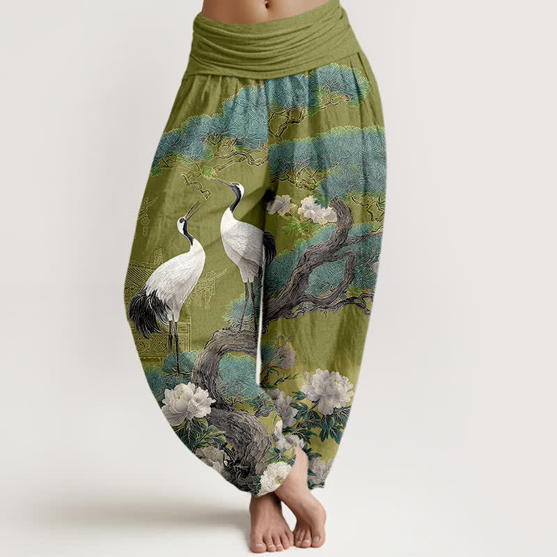 Buddha Stones Pantalon harem à taille élastique pour femme, motif fleurs de grue en coton - Vert olive - US16，UK/AU20，EU48 (3XL) - image 5
