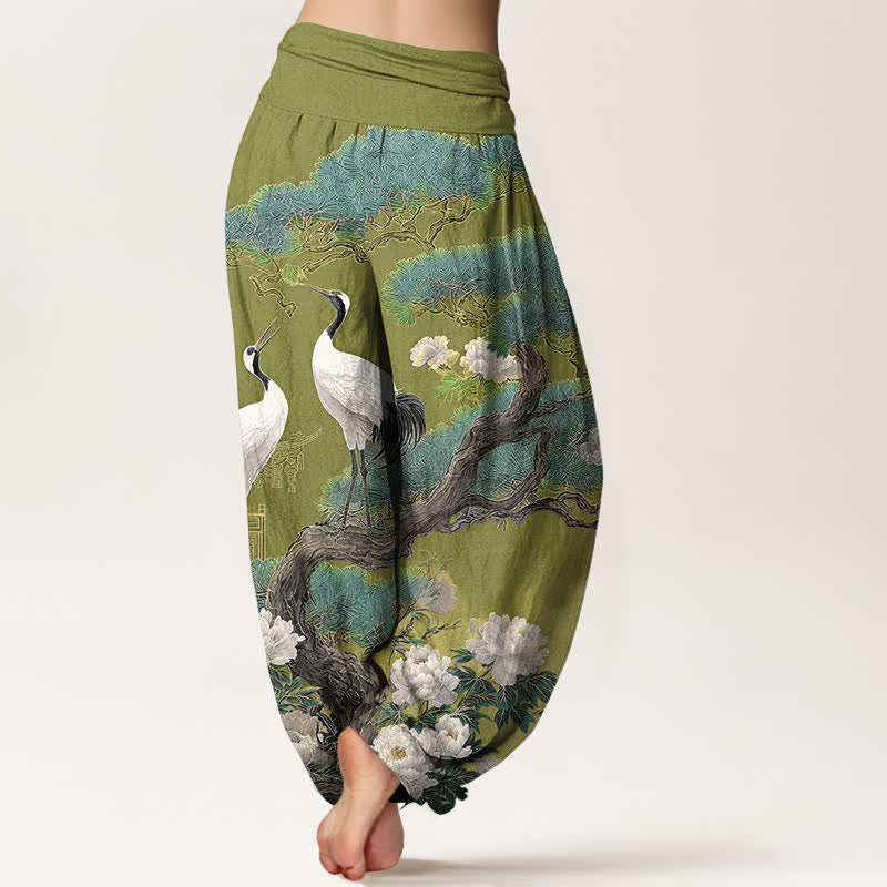 Buddha Stones Pantalon harem à taille élastique pour femme, motif fleurs de grue en coton - image 7
