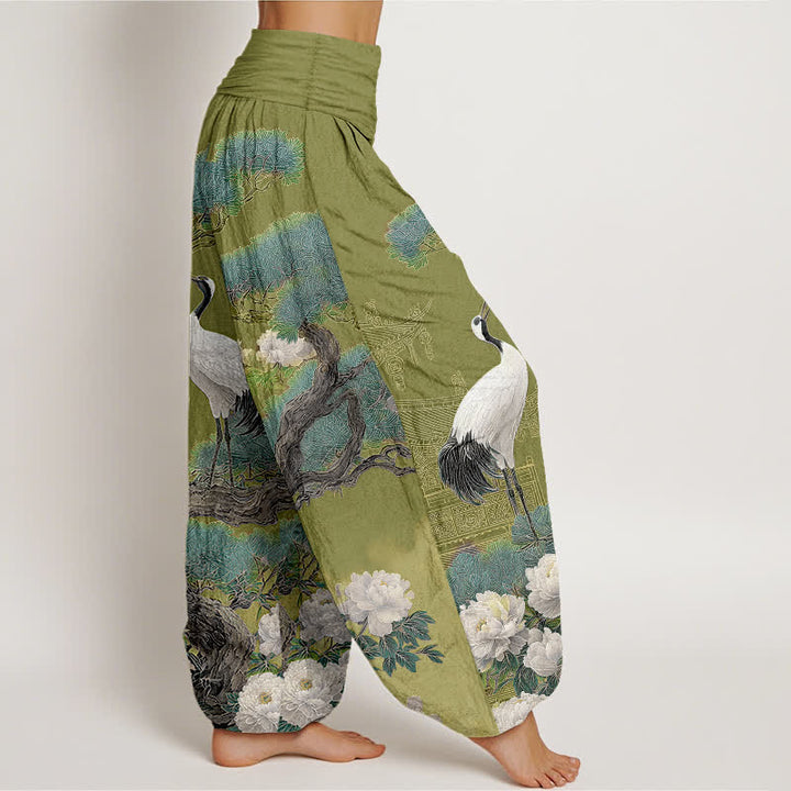 Buddha Stones Pantalon harem à taille élastique pour femme, motif fleurs de grue en coton - image 6